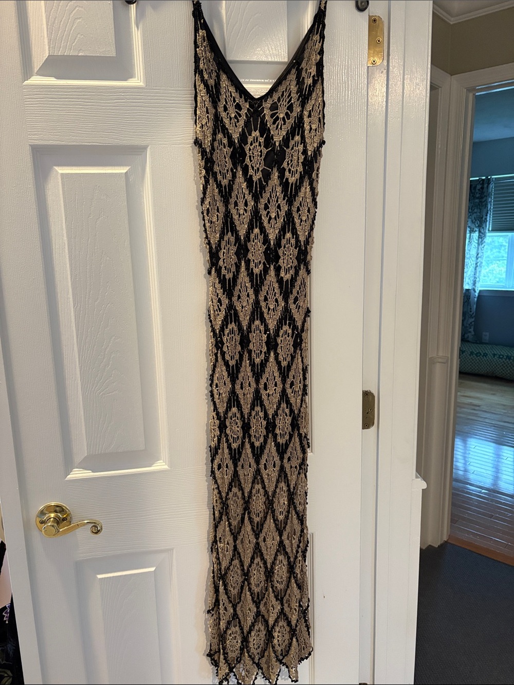 Beige and Black Crochet Maxi Dress with V-Neck
